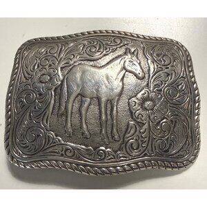 Vintage Horse Design Western Belt Buckle Silver-Tone Floral Engraving 3" x 2.50"